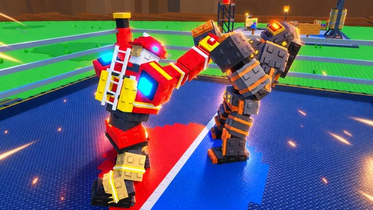 A red firefighter-style block robot and a gray block robot boxing in a ring
